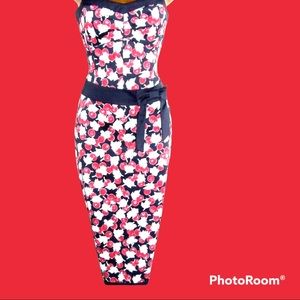 Karen Millen Cherry Print Strapless Corset Mermaid Style Midi Dress size 4